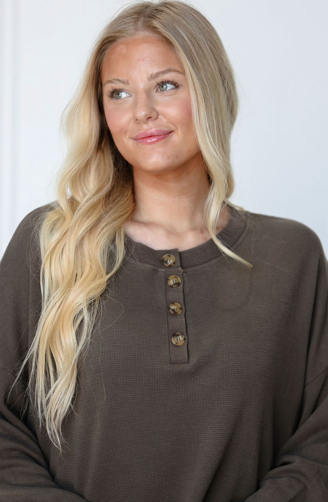 Peat Button Front Long Sleeve Top