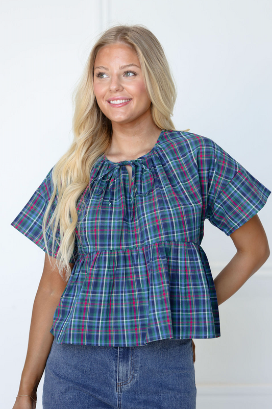 Blue Multi Color Plaid Top