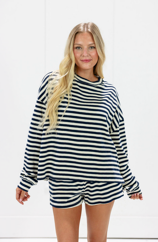 Navy Striped Pullover & Shorts Set Of 2