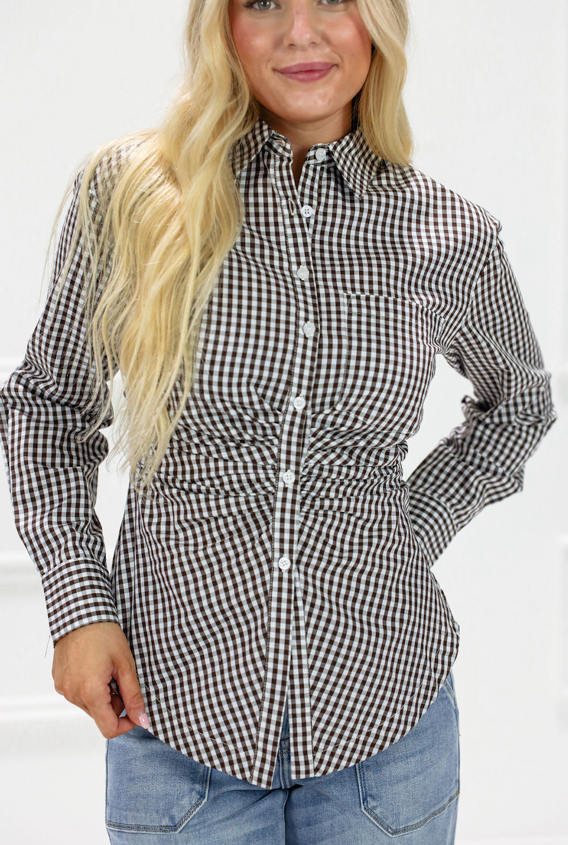 Brown Gingham Shirt Blouse