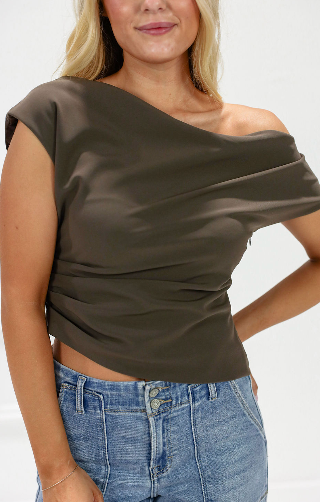 Anahi Asymmetrical Shoulder Top Brown - Clothe Boutique