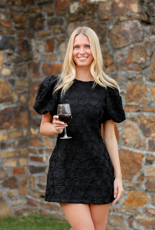 Applique Puff Sleeve Mini Dress Black