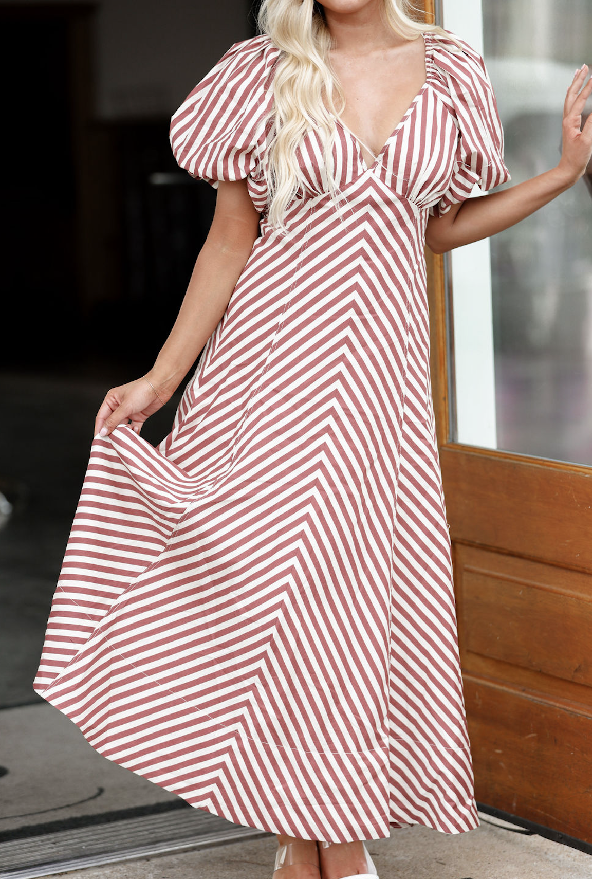 Mauve Striped Cotton Poplin Maxi Dress
