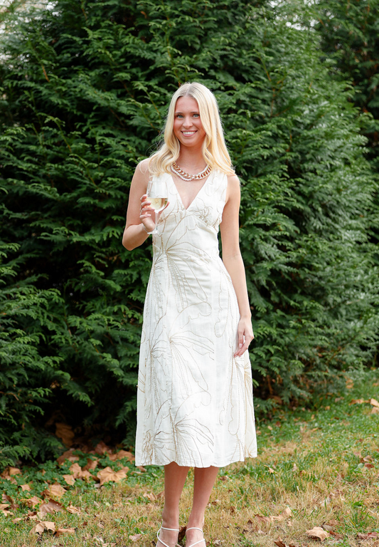 Cream Gold Beaded Floral Midi Dress