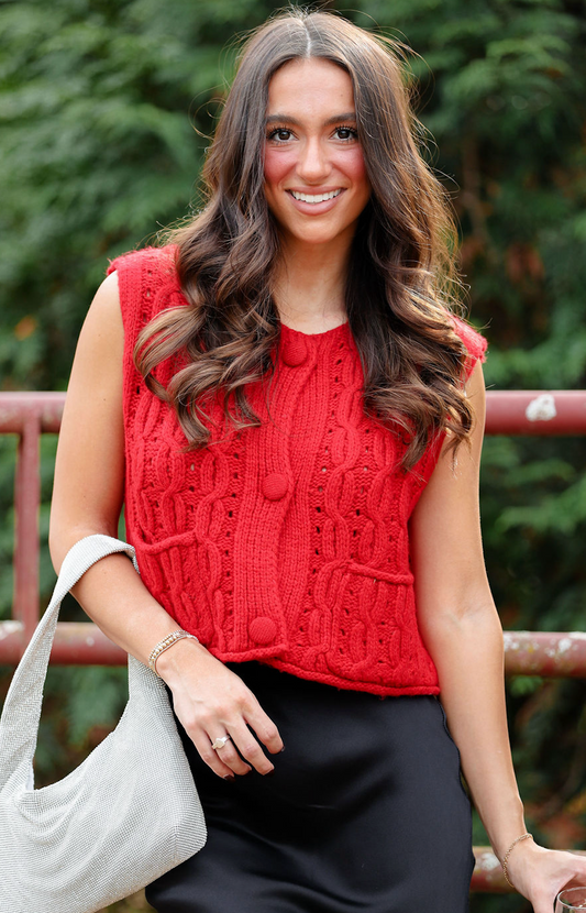 Red Cable Knit Front Button Vest