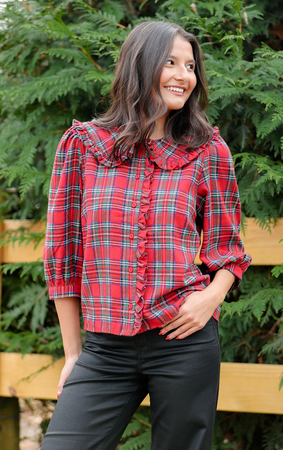Red Plaid Ruffle Collar Button Down Blouse