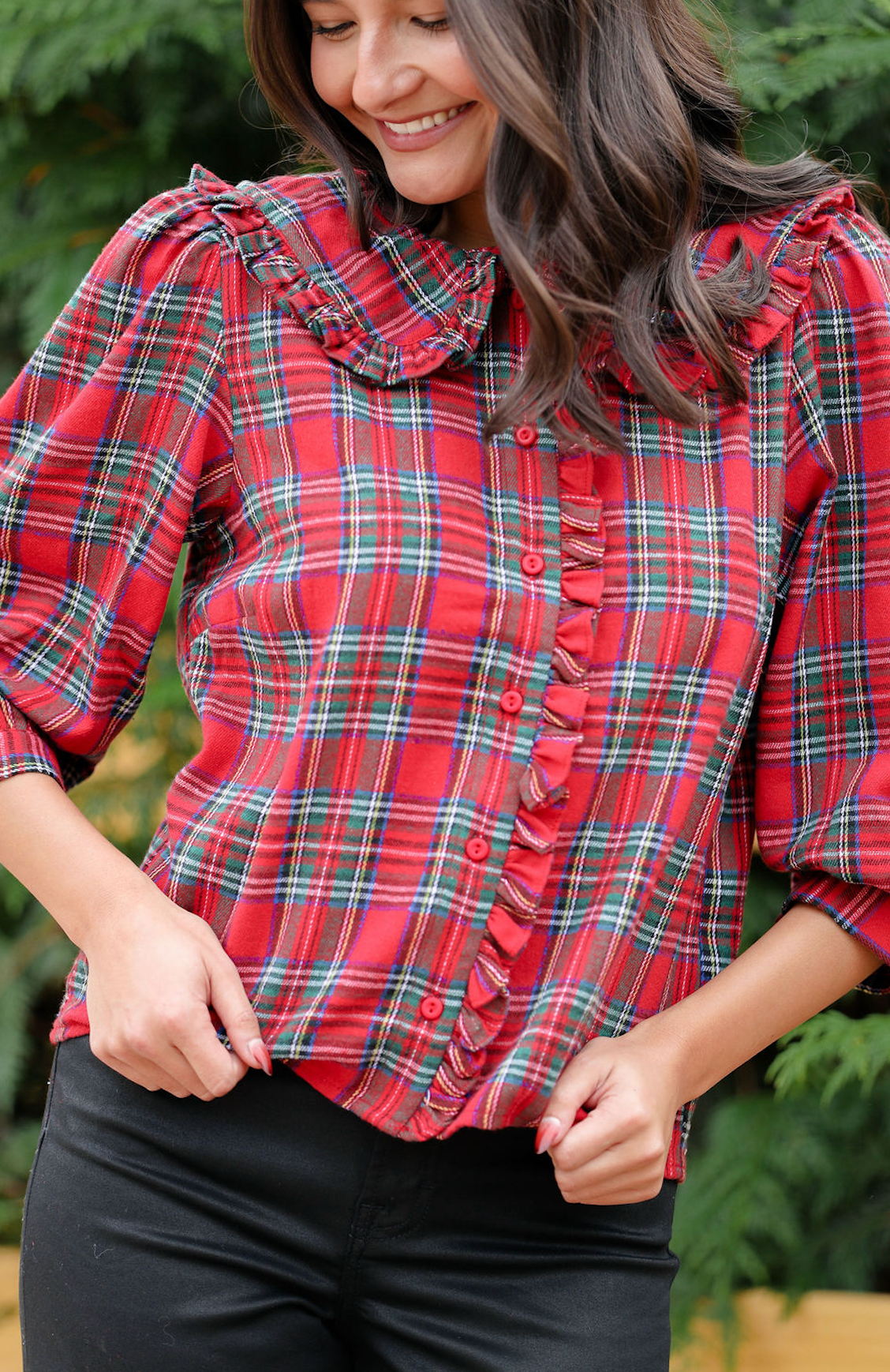 Red Plaid Ruffle Collar Button Down Blouse