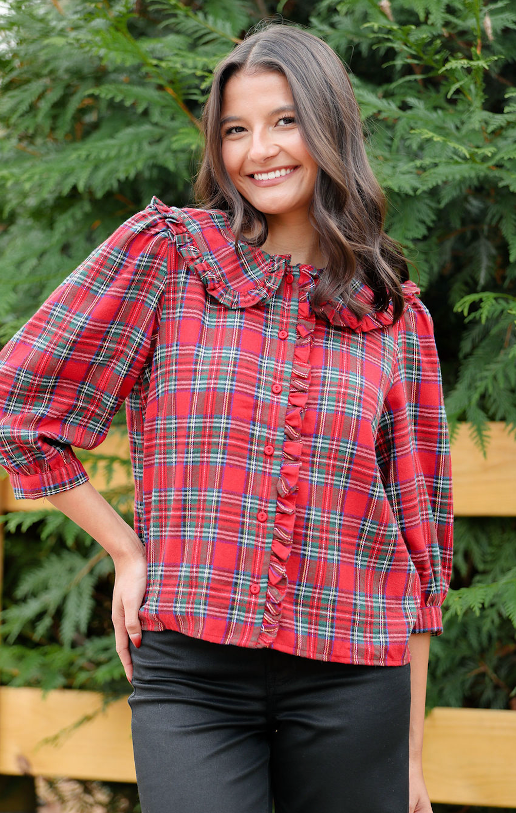 Red Plaid Ruffle Collar Button Down Blouse