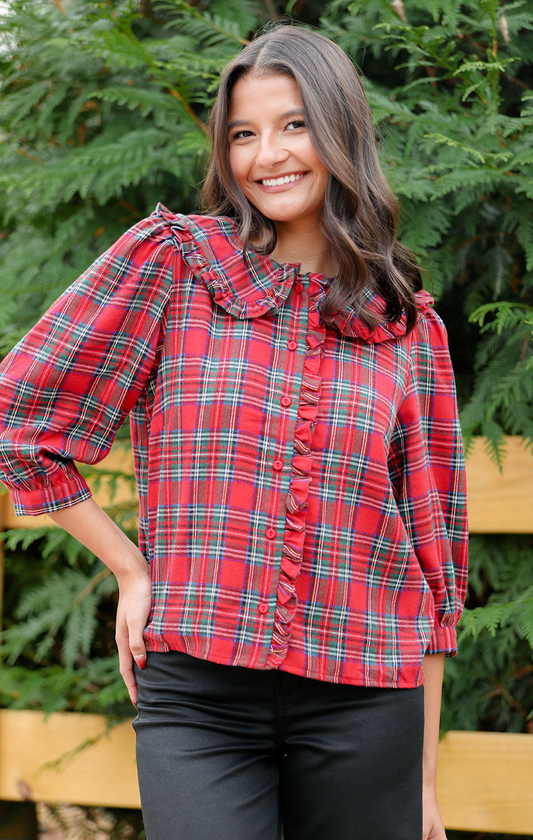 Red Plaid Ruffle Collar Button Down Blouse