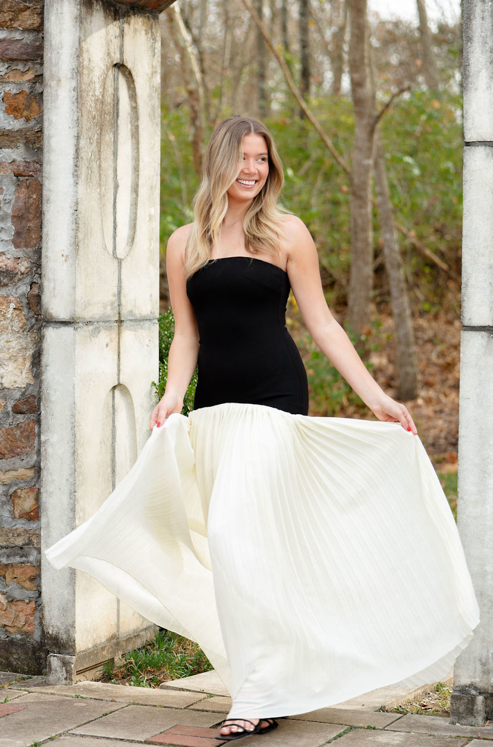 Cream/Black Strapless Drop Waist Maxi Dress