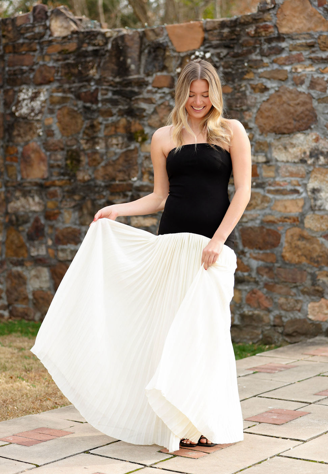Cream/Black Strapless Drop Waist Maxi Dress