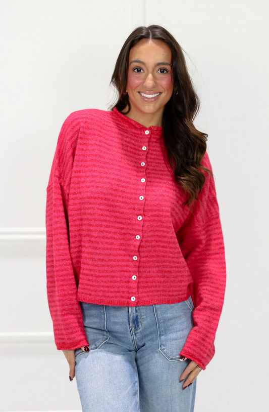 Button Down Cardi Cherry Red Stripes
