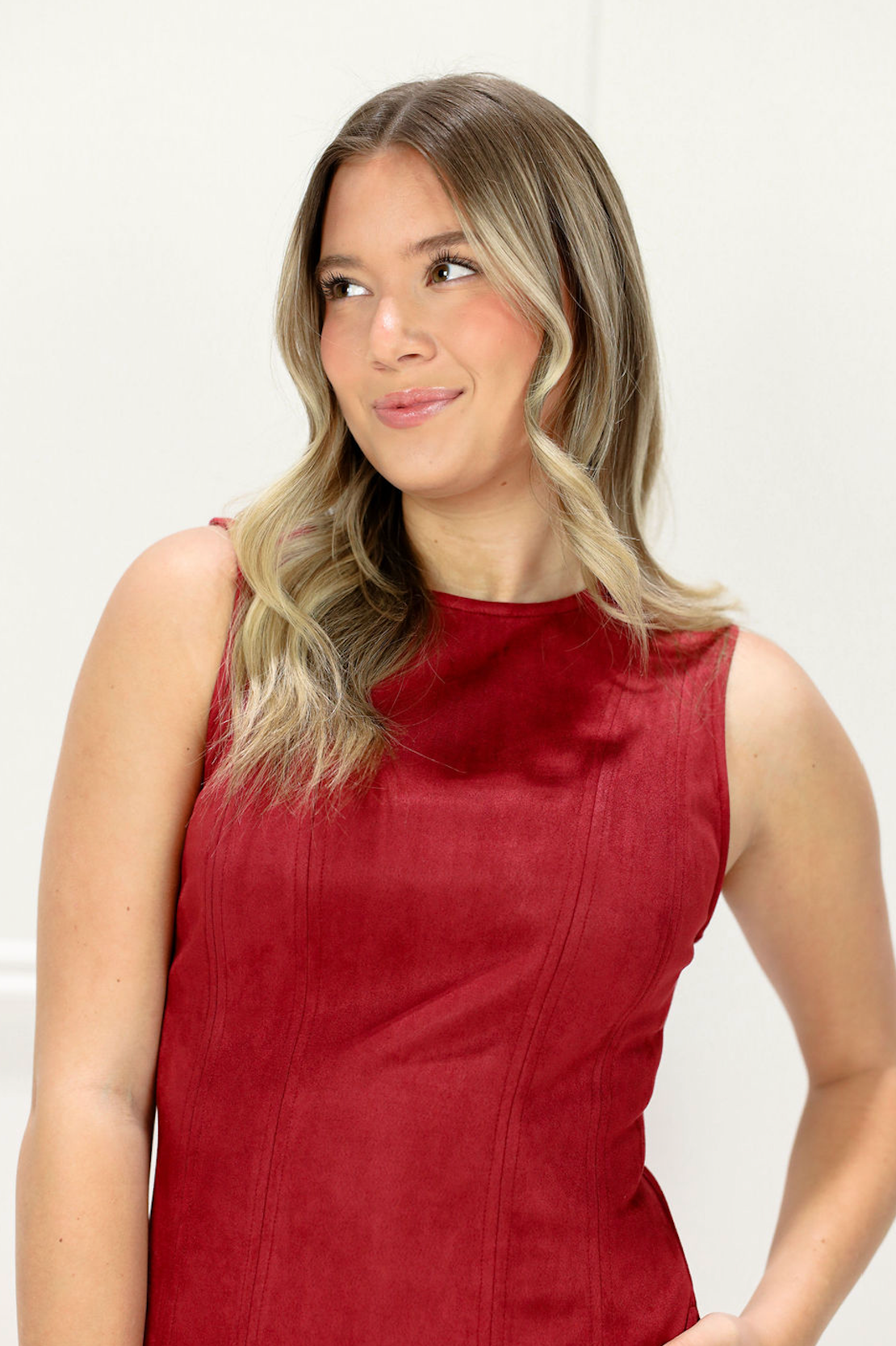 Round Neck Sleeveless Suede Dress Burgundy