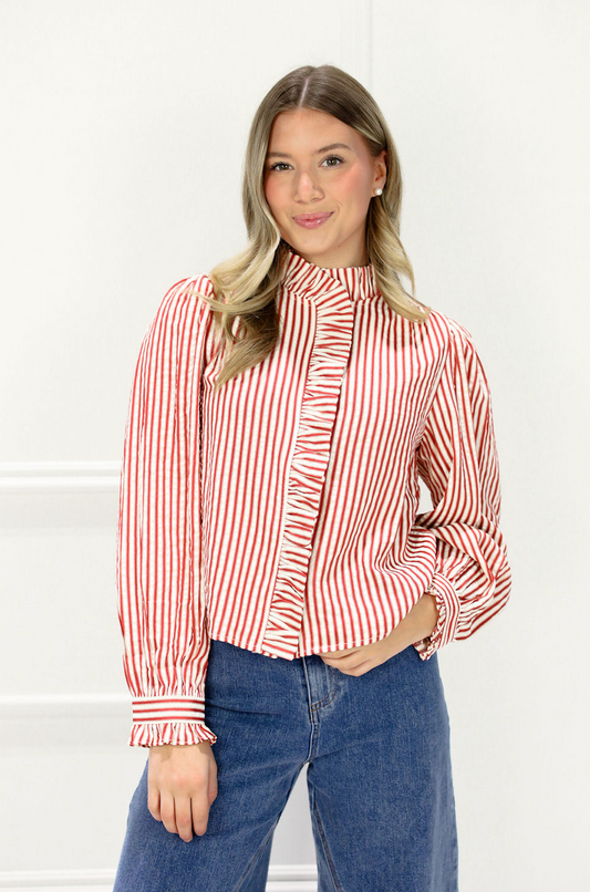 Red Stripe Ruffle Detail Blouse
