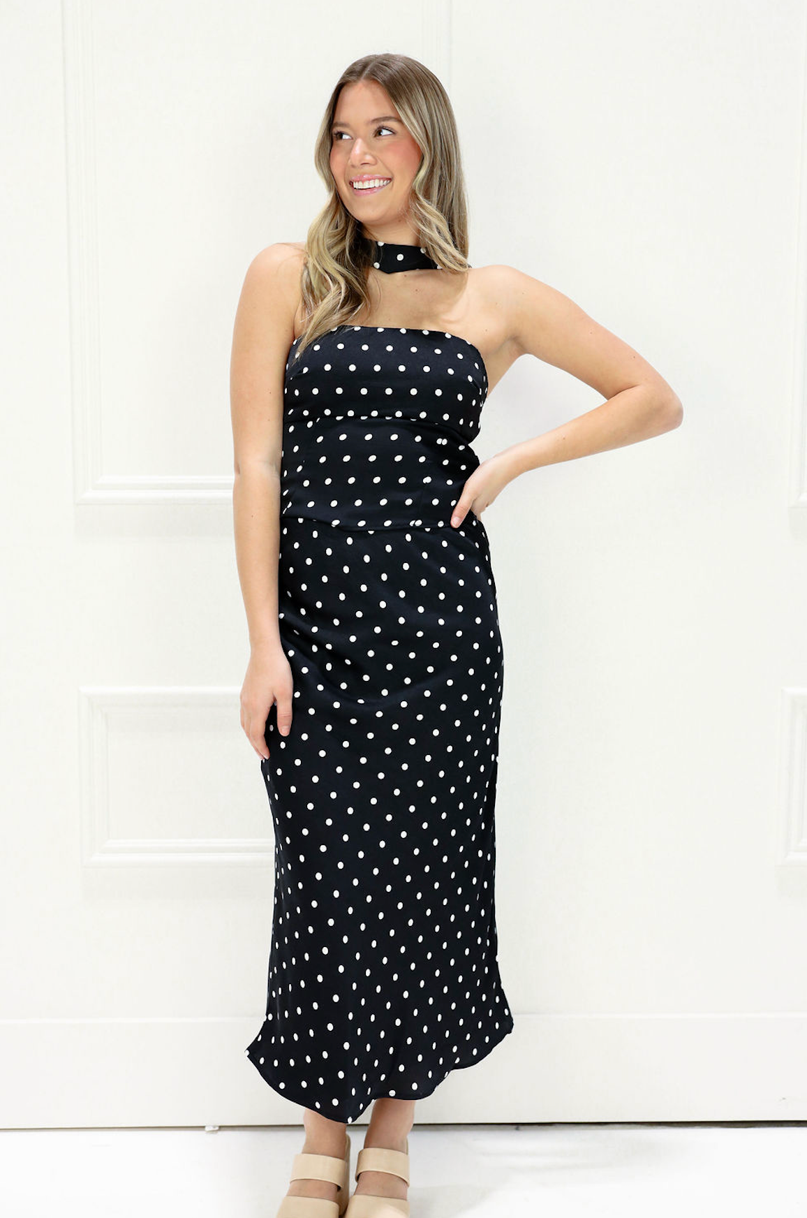 Satin Polka Dot Midi Skirt