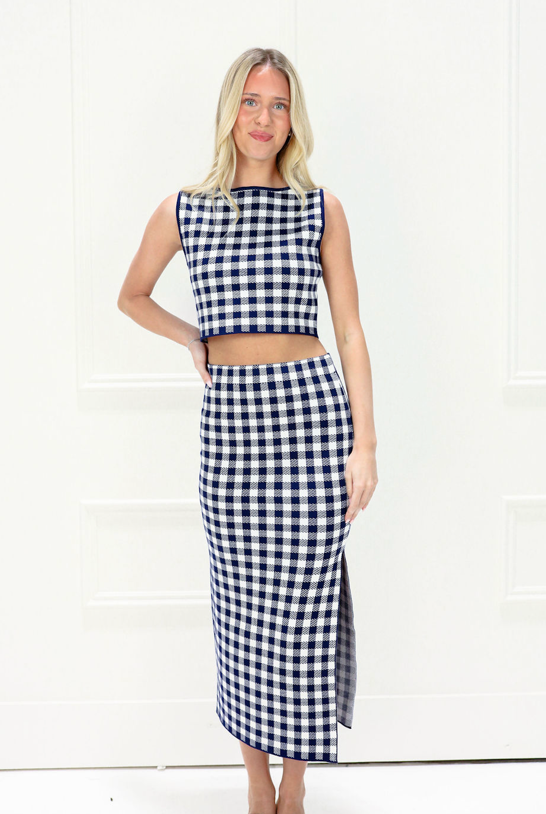 Gingham Top & Midi Skirt Set of 2 Navy - Clothe Boutique