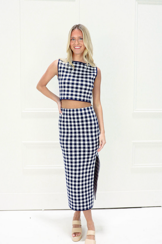 Gingham Top & Midi Skirt Set of 2 Navy
