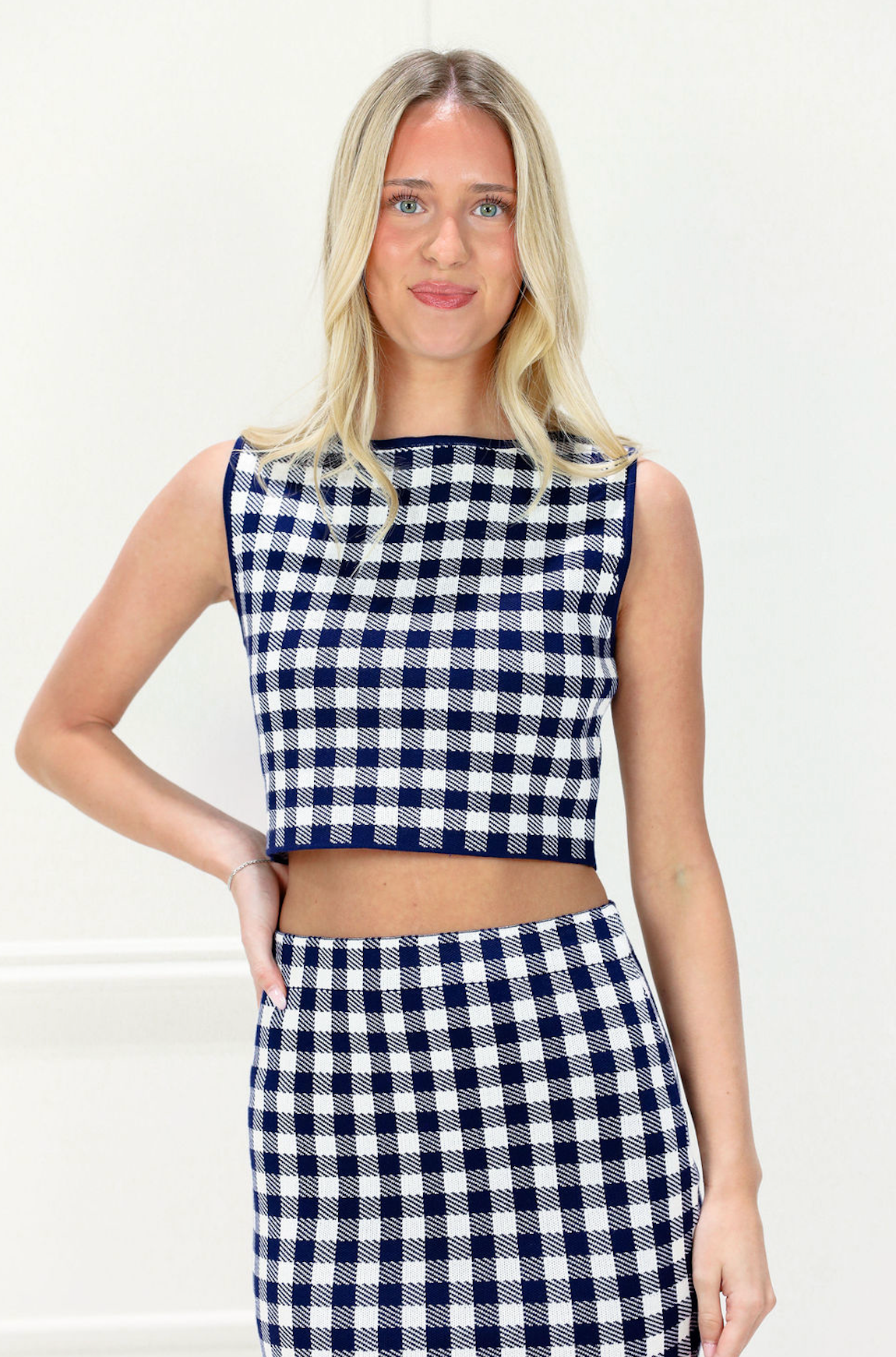 Gingham Top & Midi Skirt Set of 2 Navy - Clothe Boutique