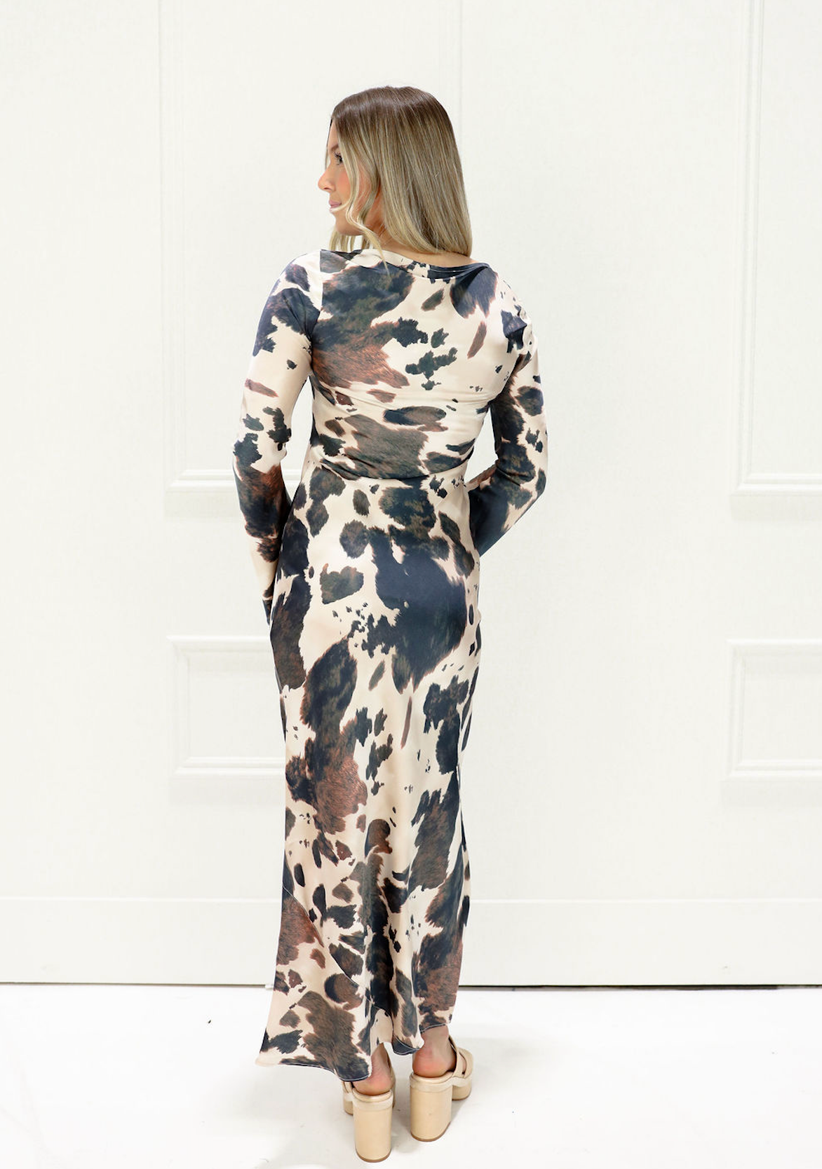 Georgie Satin Cow Print Maxi Dress