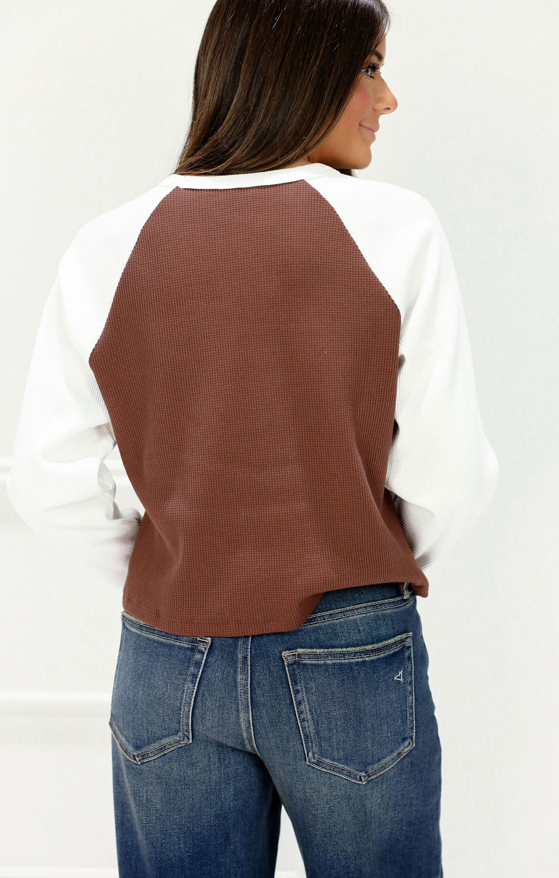 Brown/White Color Block Waffle Top - Clothe Boutique
