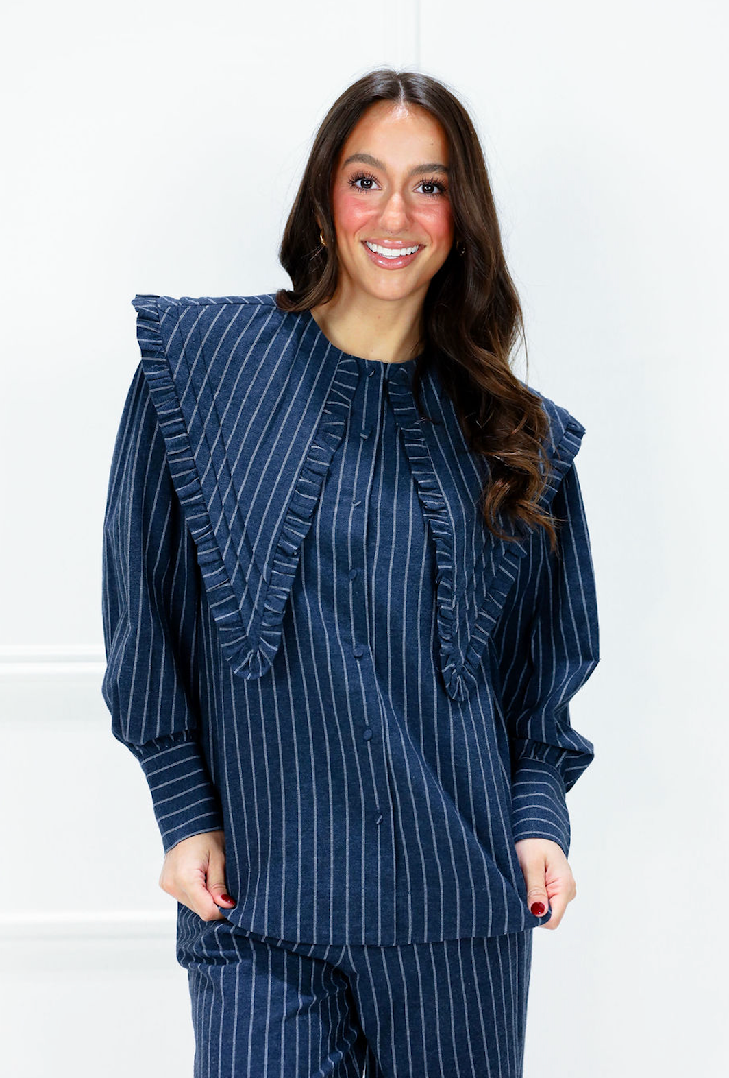 Sailor Collar Ruffle Blouse Navy