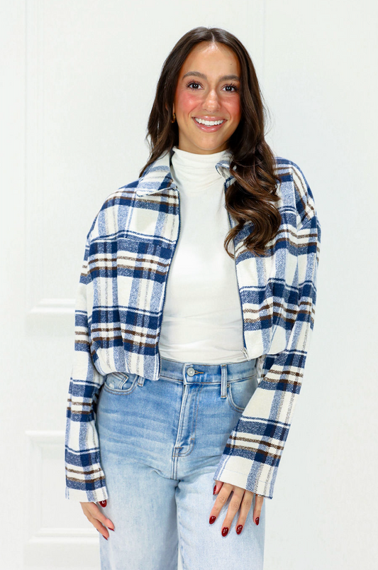 Navy Flannel Cropped Jacket