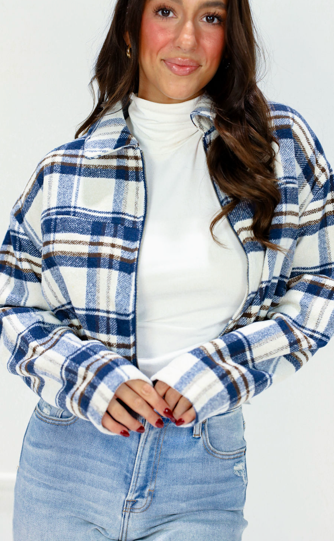Navy Flannel Cropped Jacket