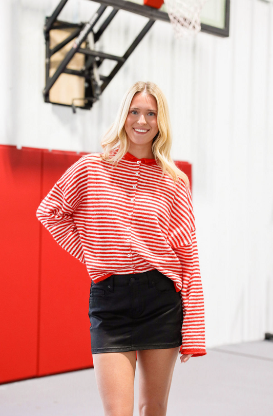 Button Down Cardi Red Stripes