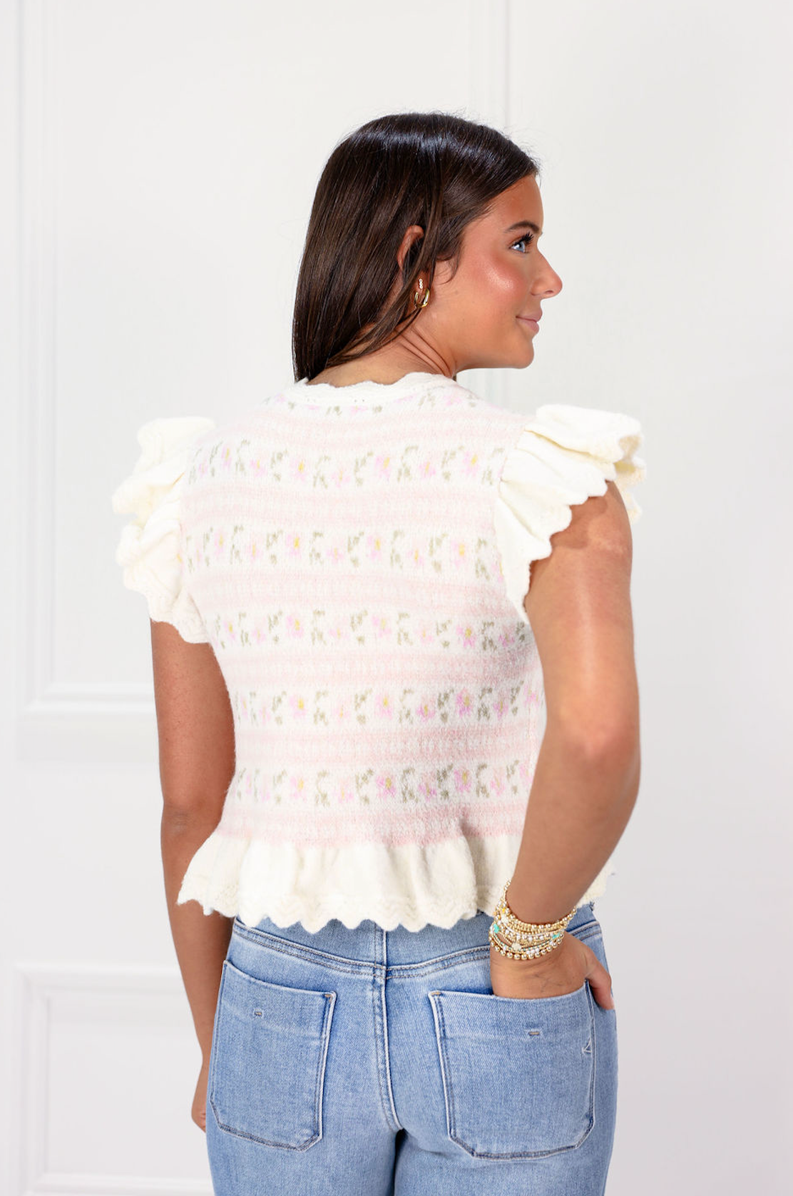Floral Ruffle Sweater White/Pink