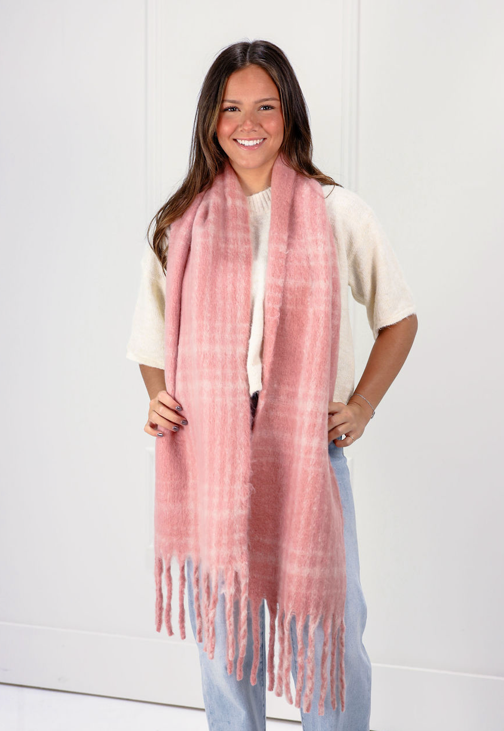 Plaid Color Block Blanket Scarf Pink