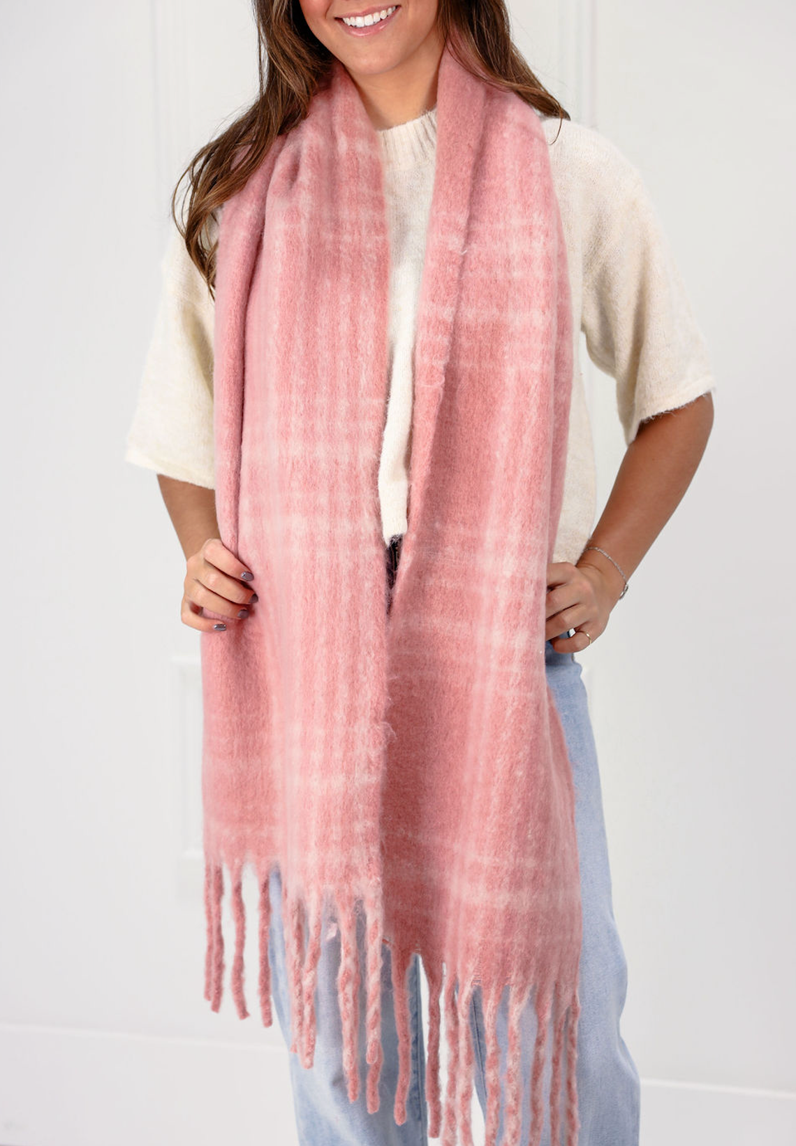 Plaid Color Block Blanket Scarf Pink
