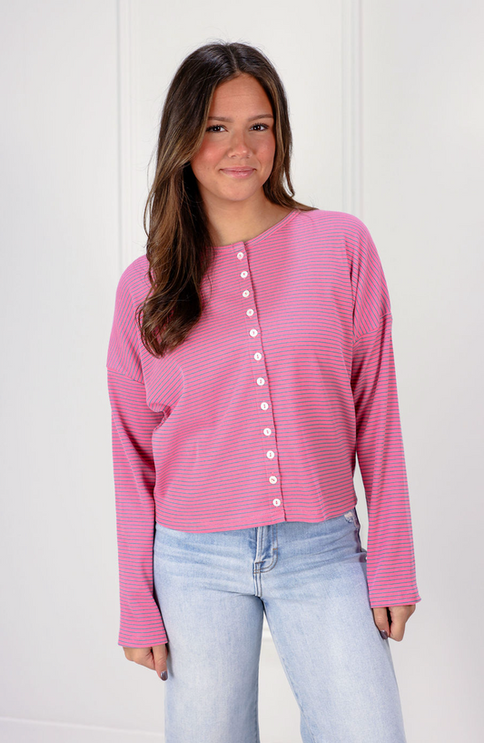 Pink Button Down Ribbed Cardigan - Clothe Boutique
