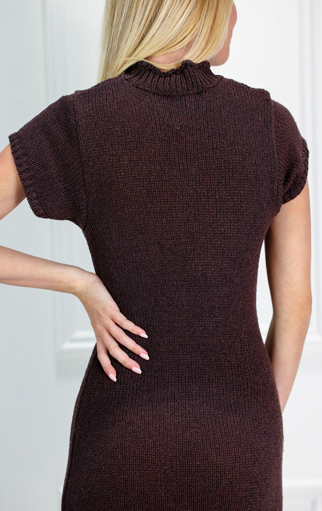 Short Sleeve Sweater Dress Brown