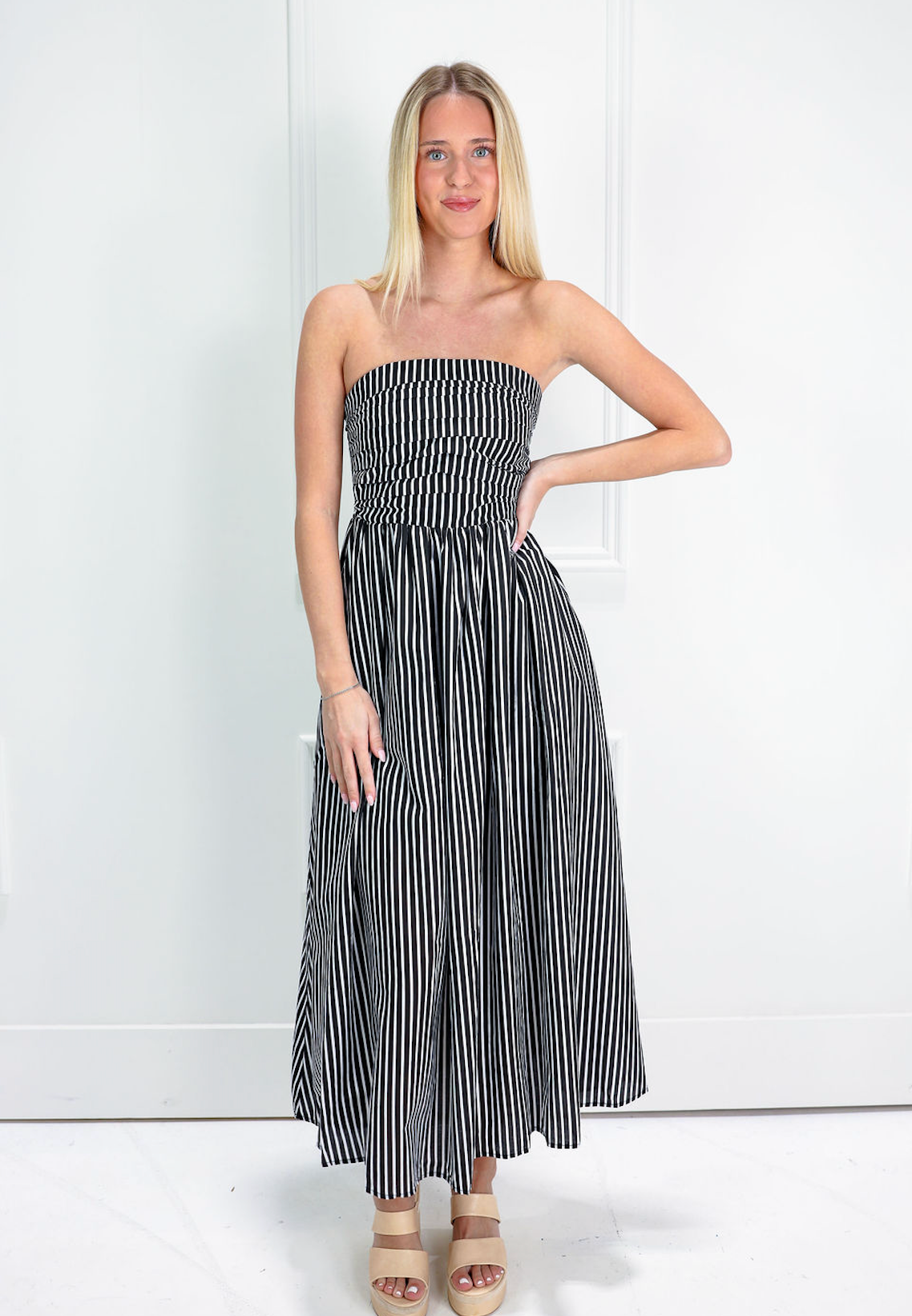 Black Striped Strapless Maxi Dress