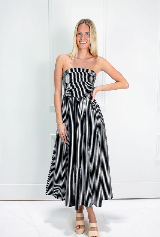 Black Striped Strapless Maxi Dress