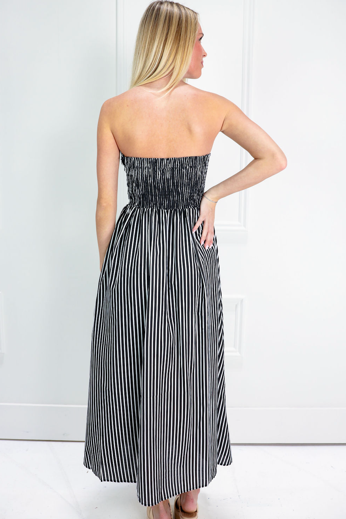 Black Striped Strapless Maxi Dress