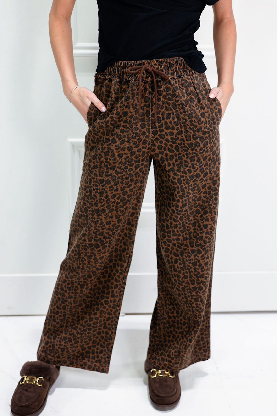 Leopard Wide Leg Denim Track Pants