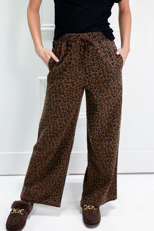 Leopard Wide Leg Denim Track Pants