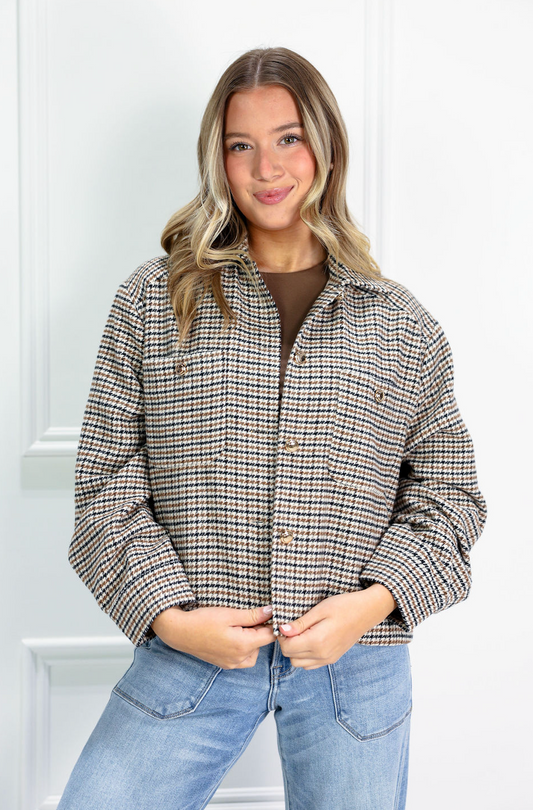 Houndstooth Cropped Shirt Jacket