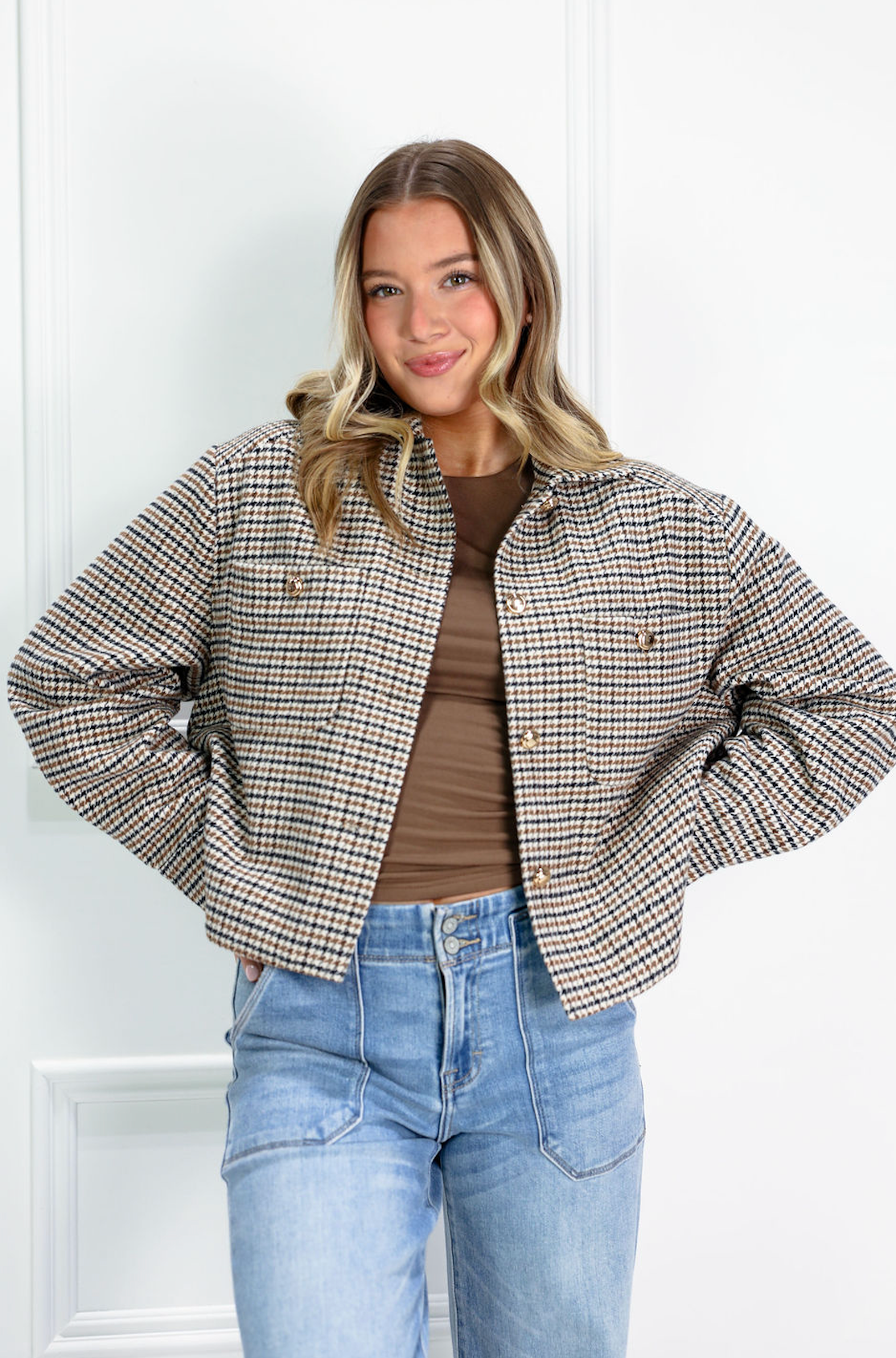 Houndstooth Cropped Shirt Jacket