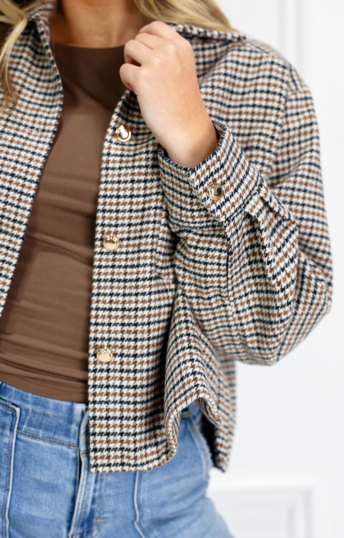 Houndstooth Cropped Shirt Jacket