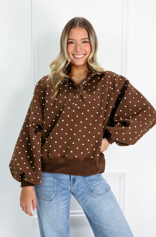 Brown Polka Dot Snap Button Pullover