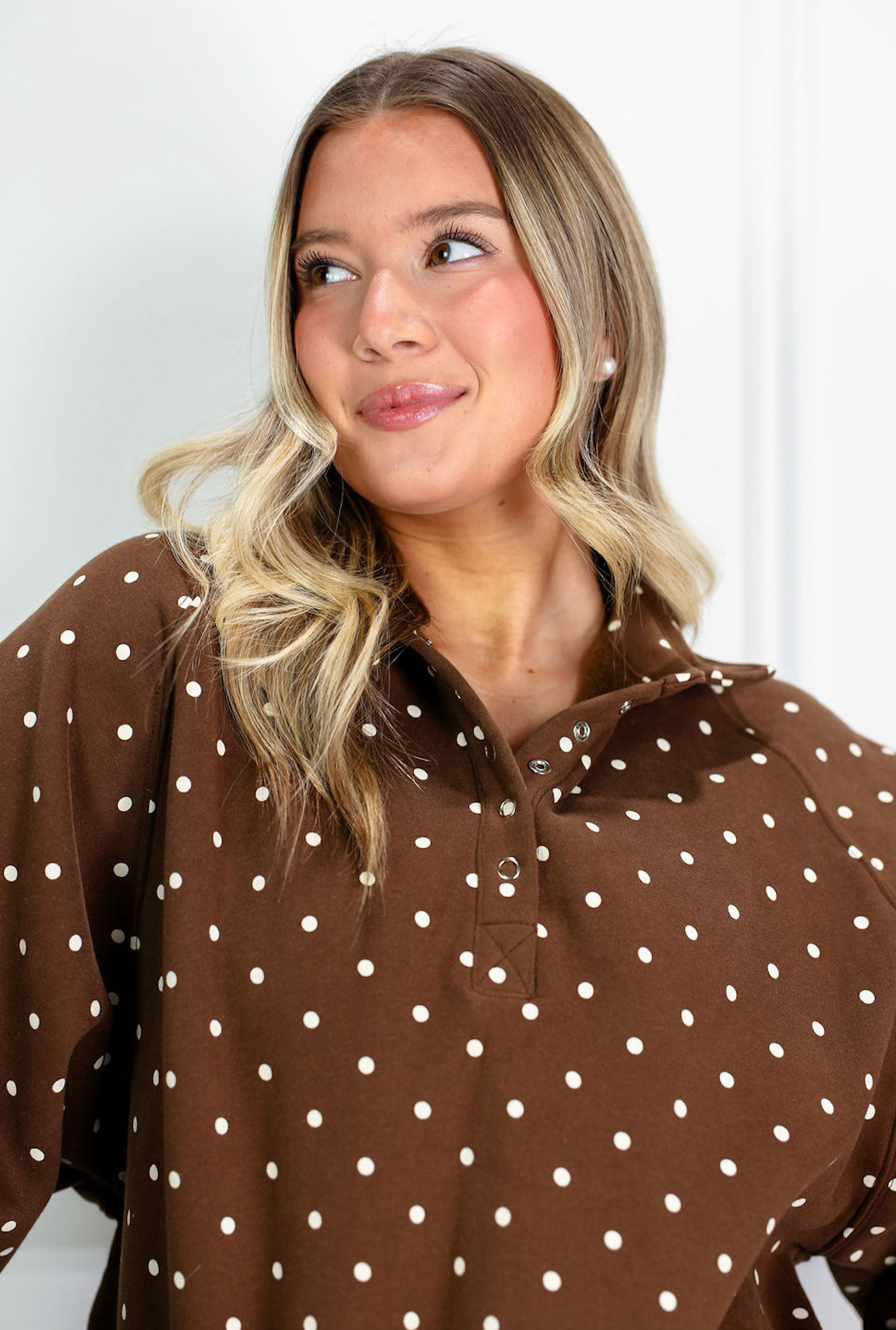 Brown Polka Dot Snap Button Pullover