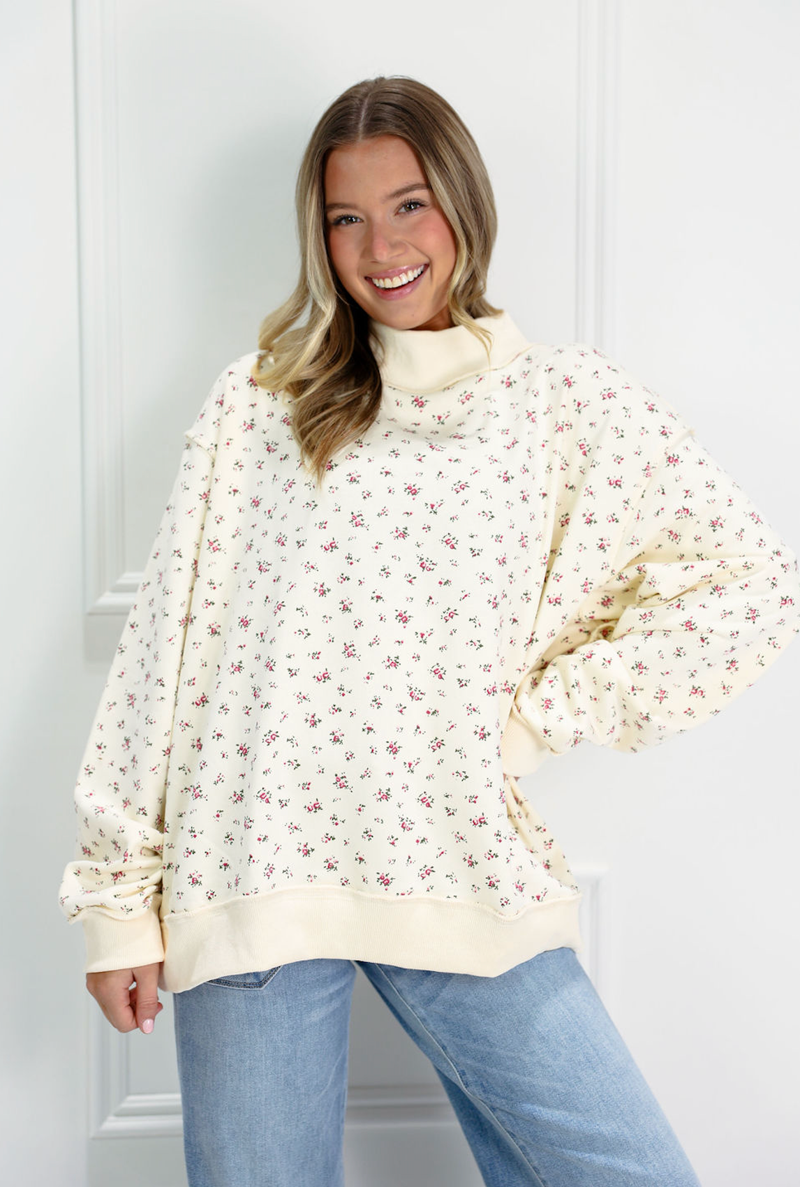Floral Print Mock Neck Sweatshirt