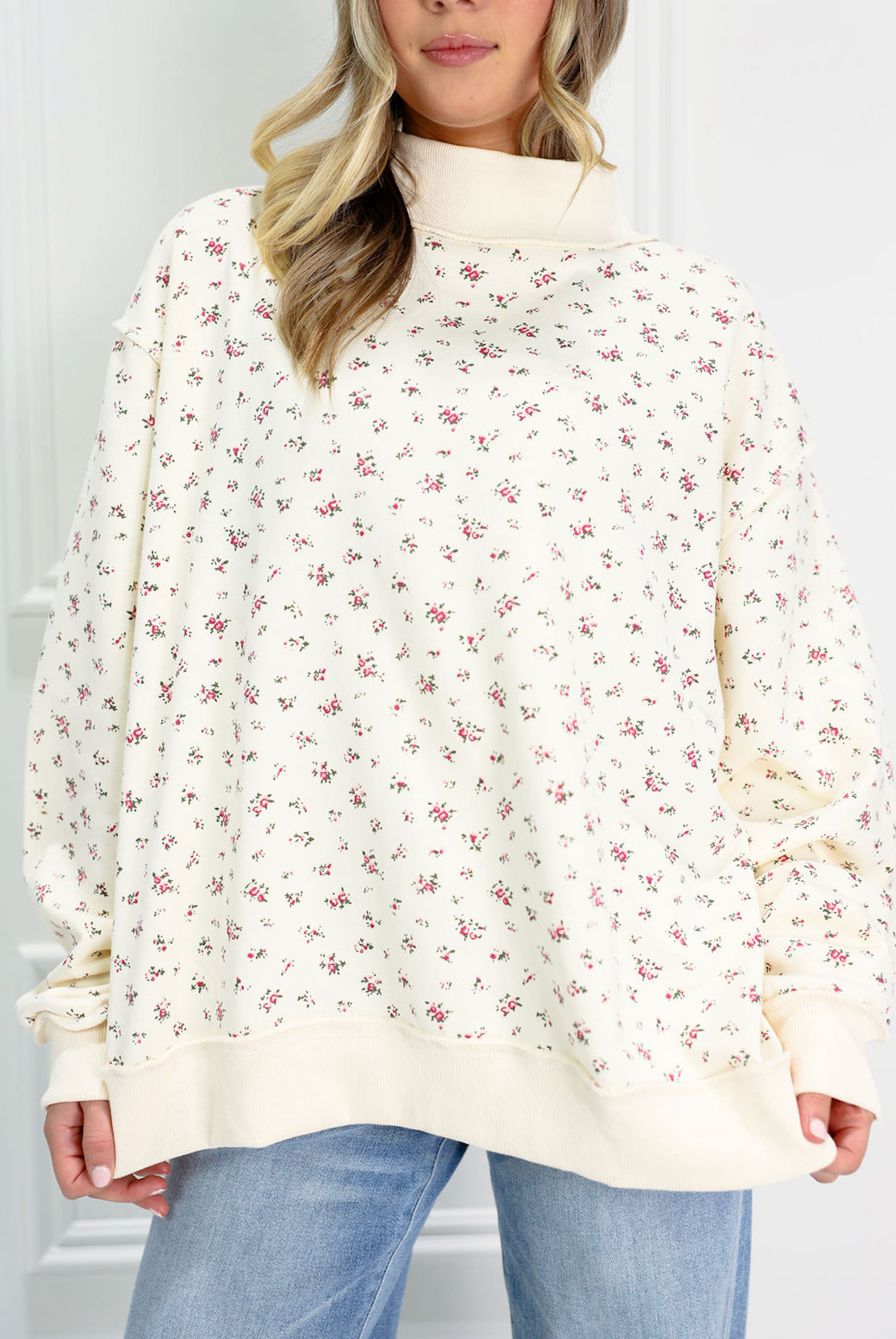 Floral Print Mock Neck Sweatshirt