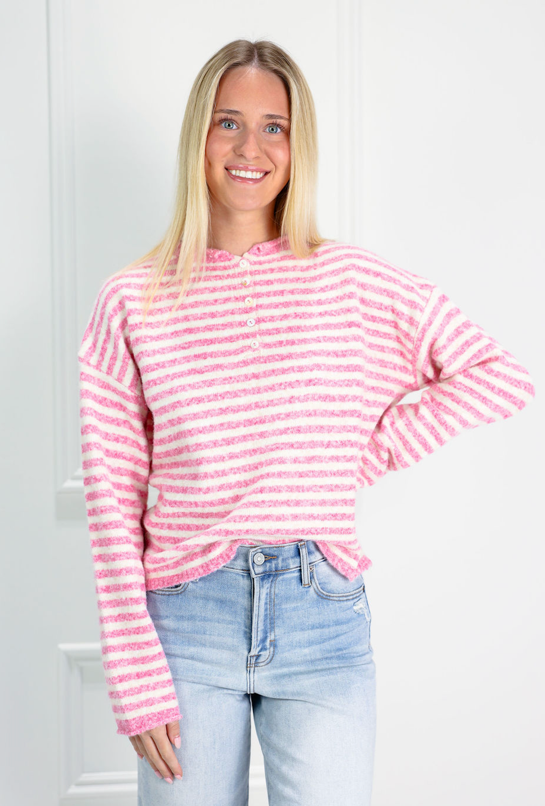 Bubblegum Stripe Henley Sweater