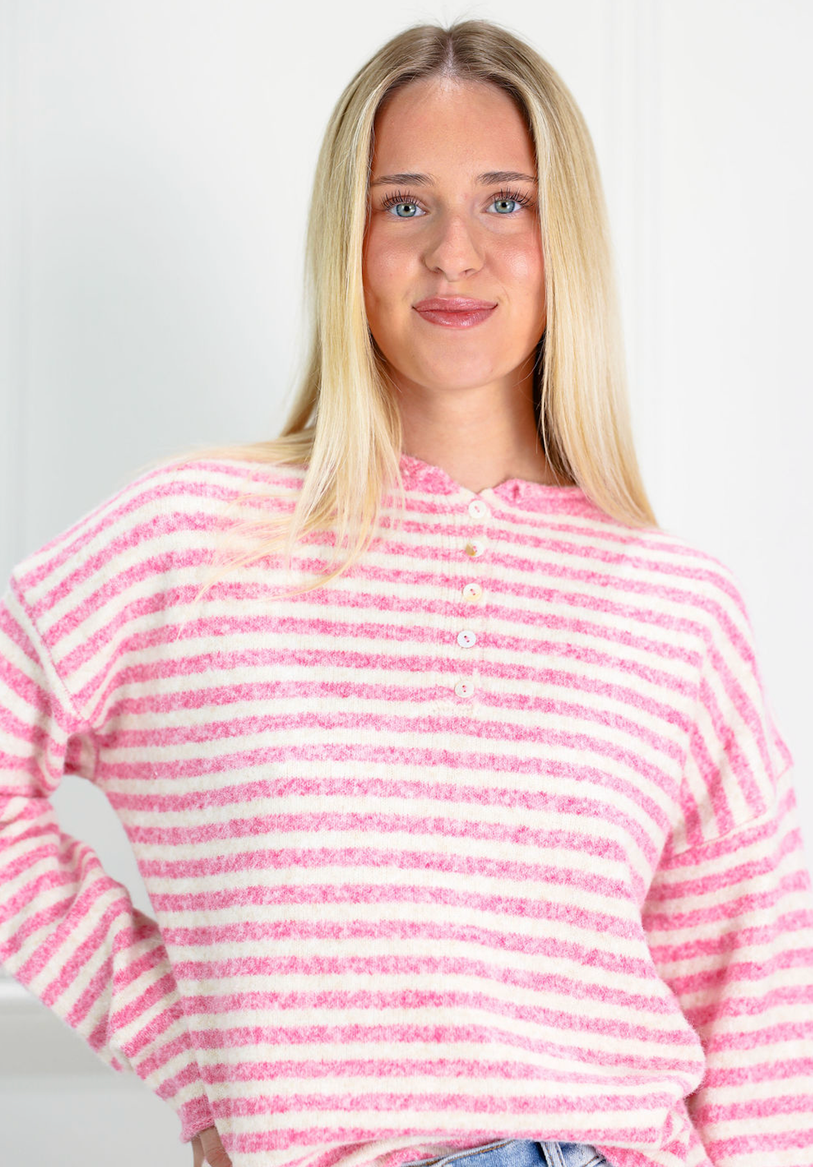 Bubblegum Stripe Henley Sweater