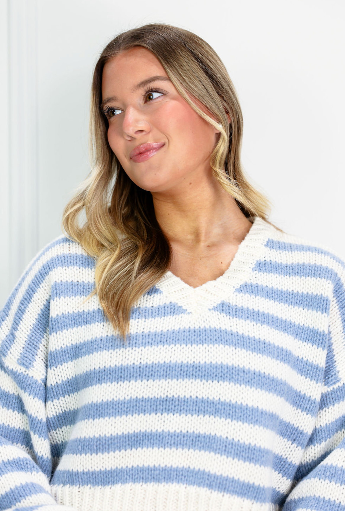 Block Stripe V-neck Sweater Blue - Clothe Boutique