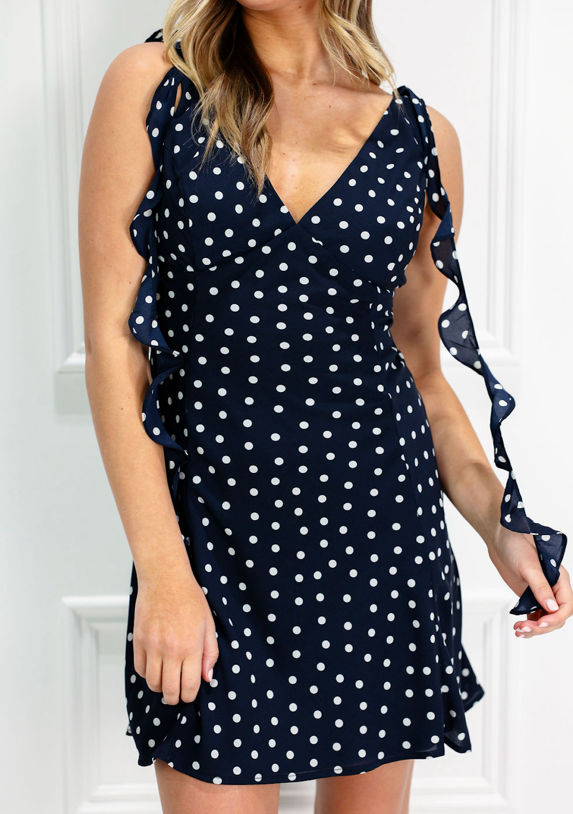 Polka Dot V Neck Ruffled Mini Dress