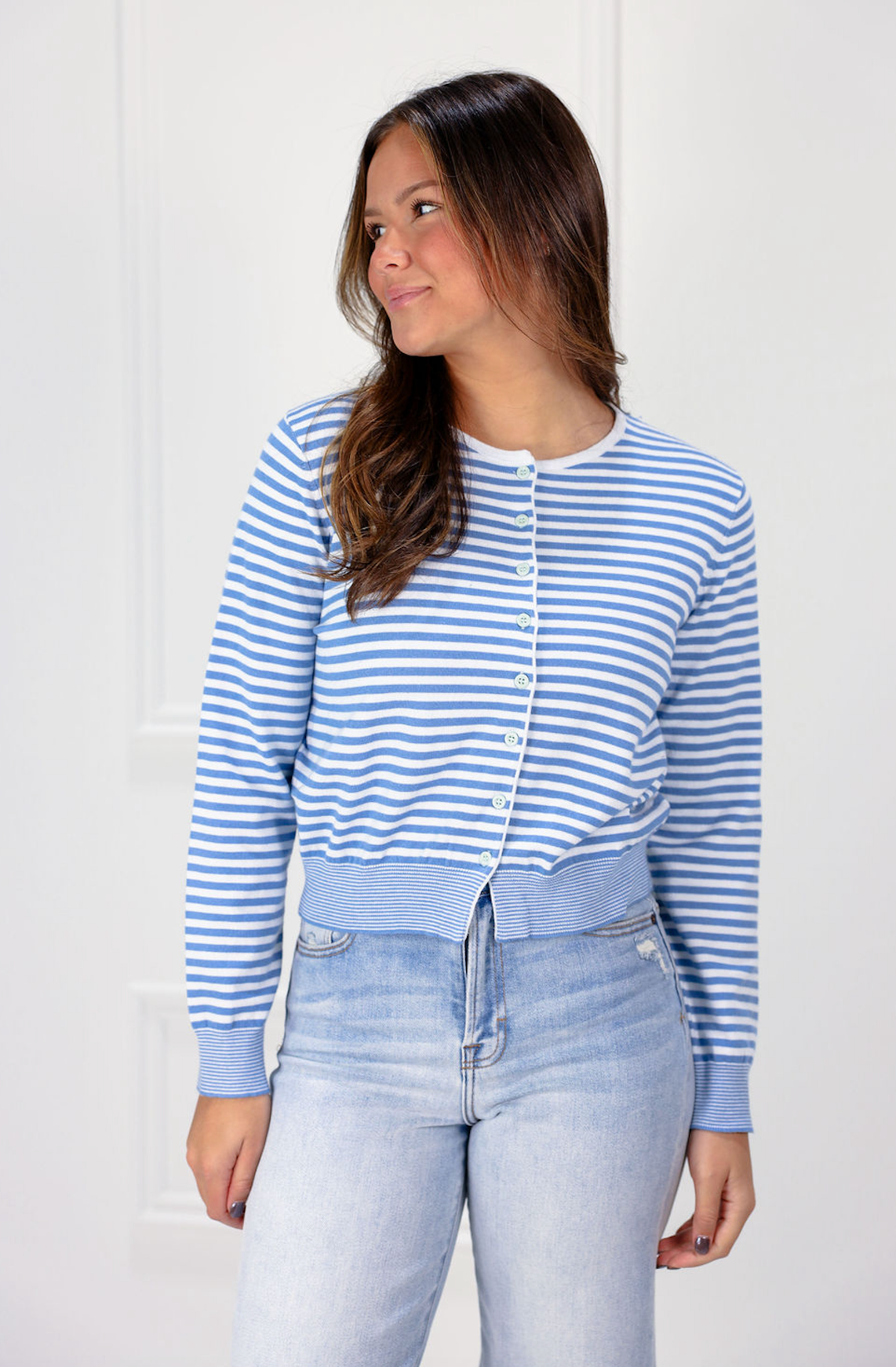 Blue Striped Knit Cardigan - Clothe Boutique